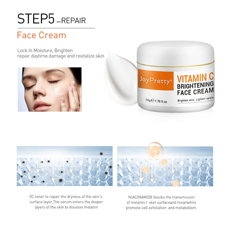 JoyPretty VC Skin Care Set Whitening Cream Cleaning Glowing Moisturizr for Dark Skin Serum Skincare Facial Products Kits 5 PCS - King Kajch Kosmetics