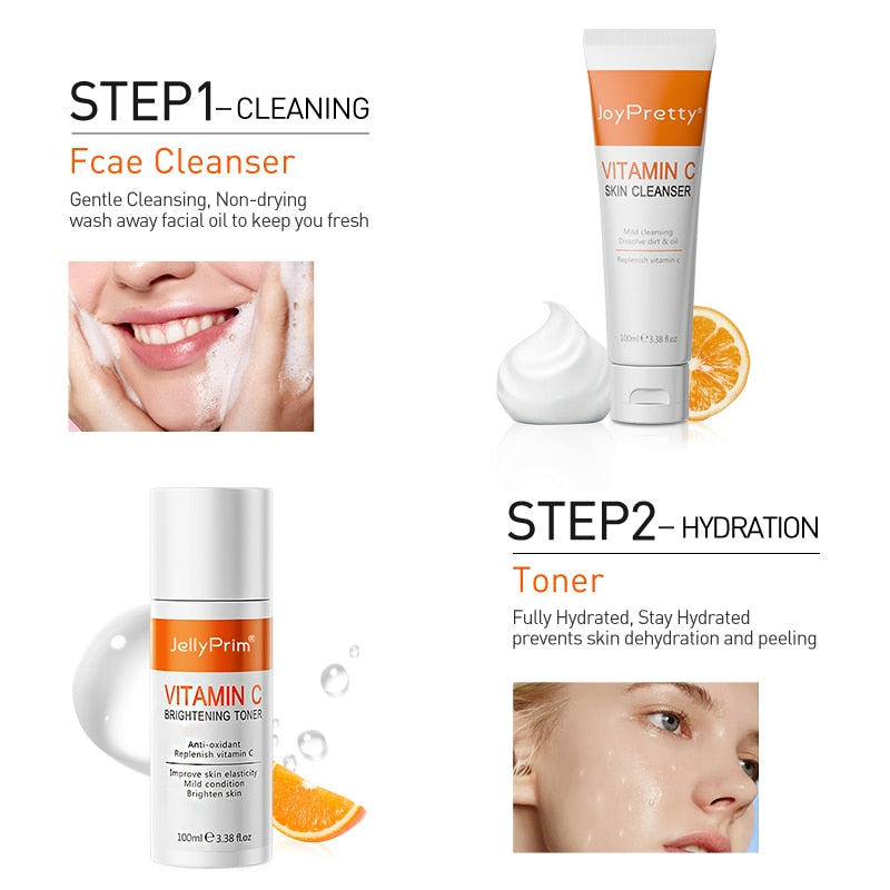 JoyPretty VC Skin Care Set Whitening Cream Cleaning Glowing Moisturizr for Dark Skin Serum Skincare Facial Products Kits 5 PCS - King Kajch Kosmetics